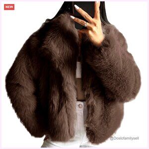Cropped Faux Fur Jacket, Fluffy Winter Coat, Oversized Fit, Lapel Collar